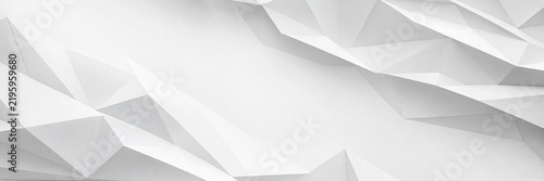 Abstract white low poly background with geometric triangular shapes. Minimalist 3D paper texture banner for corporate web design. Modern light grey crystalline architectural wallpaper.
