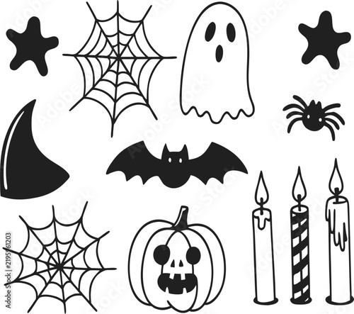 Halloween Doodle Elements Collection with Pumpkins, Ghosts, Bats and Spider Webs