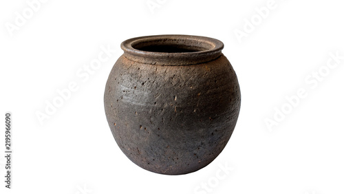 Bild auf Leinwand Traditional rustic round dark brown clay pot jar isolated on transparent background