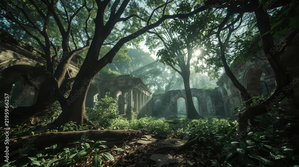 Obraz premium Overgrown ancient ruins in forgotten kingdom surrounded by forest