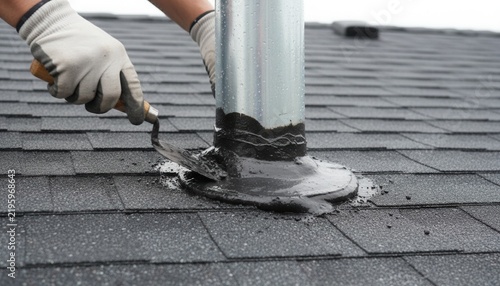 Skilled roofer applying rubberized flashing cement around the base of a metal roof penetration pipe using a standard pointing trowel outdoors