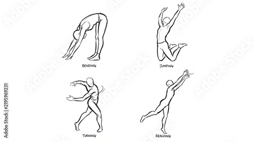 Set of four simple line art illustrations showing different human body movements and poses.