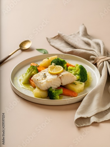 Healthy gourmet fish meal with steamed vegetables and lemon