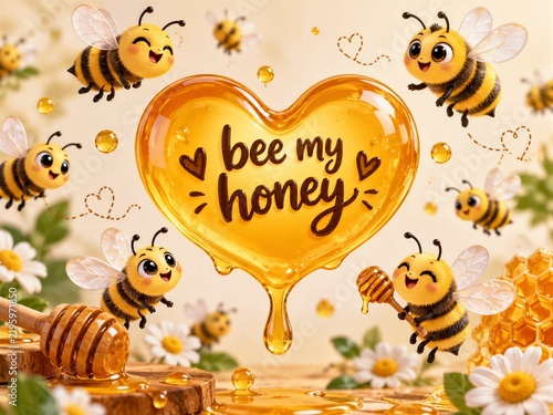 Cute 3D Cartoon Bees Celebrating Love and Childhood Affection with Honey Heart