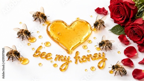 Bee My Honey Love Concept with Honey Heart and Red Roses on White Background