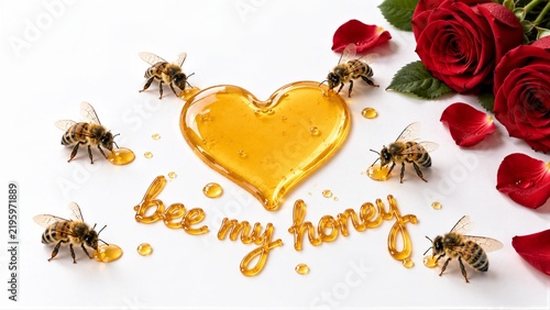 Bee My Honey Valentine Concept with Honey Heart, Bees and Red Roses