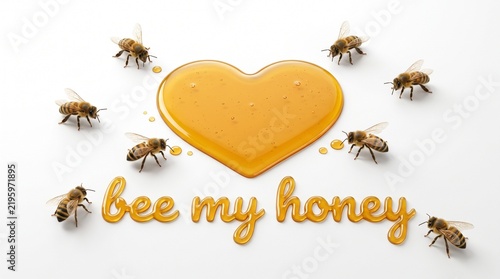 Heart Shaped Honey with Honey Bees on White Background