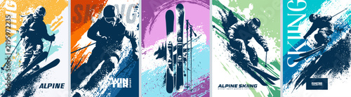 Set of colorful grunges-style posters featuring dynamic alpine skiing silhouettes and winter sports. Vector templates for postcards, posters, flyers, banners and other materials.