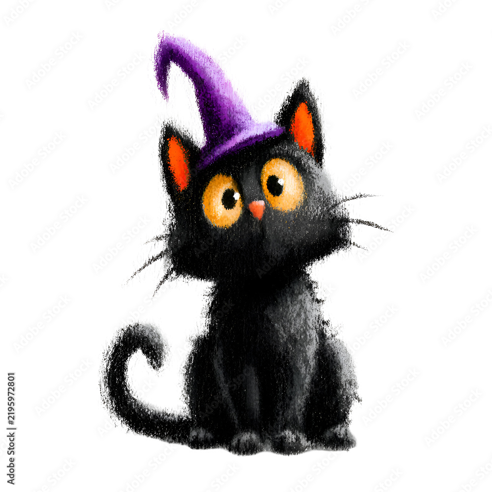 Fototapeta premium Cute black cat wearing a purple witch hat for Halloween