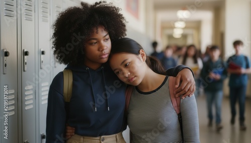 Empathetic teenager comforting her friend by putting her arm around her shoulder in a busy high school hallway during break time
