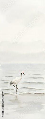 Minimalist painting of a bird on a shoreline landscape