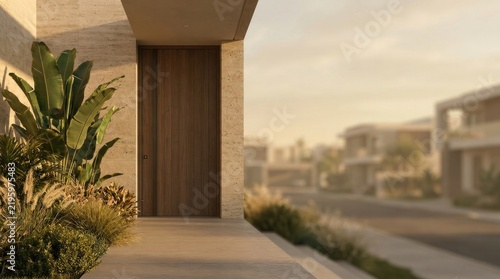 Contemporary house entrance with minimalist wooden door and lush landscaping positioned along one side, real estate background for luxury homes, construction companies, architecture studios
