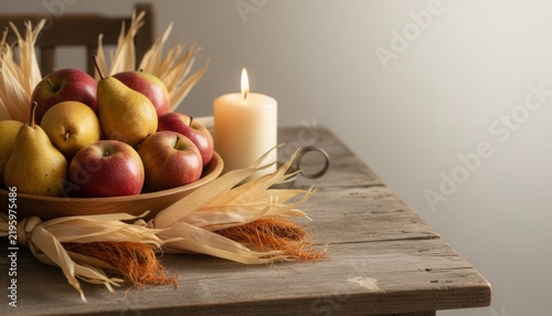 Close-up still life composition celebrating the Autumn equinox featuring ripe heirloom apples yellow pears dried corn husks