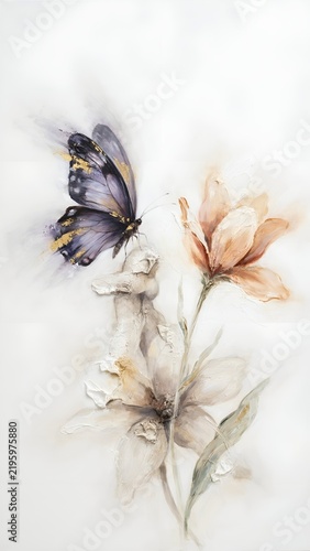 Delicate watercolor botanical composition with butterfly and flowers