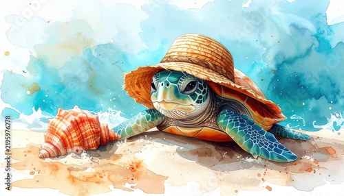 Cheerful small turtle wearing tiny straw hat resting on tropical beach shell in whimsical children watercolor illustration