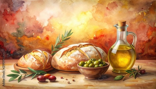 Rustic still life of freshly baked artisan bread loaves alongside a glass cruet of olive oil and green olives in a wooden bowl