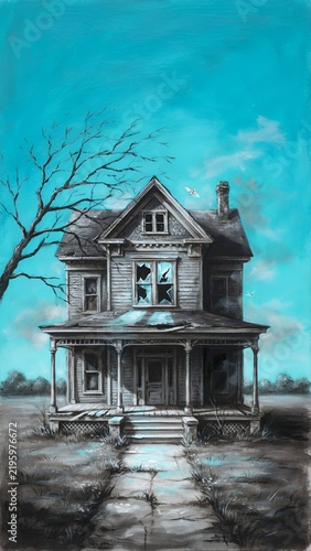 Magical forest landscape with an old haunted house