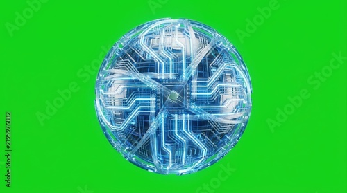 Futuristic sci-fi energy core sphere with glowing blue circuit board patterns isolated on green screen background