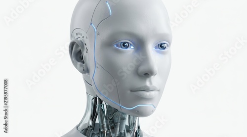 Futuristic female humanoid robot head with glowing blue eyes and artificial intelligence technology concept