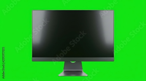 Professional blank computer monitor with dark screen on chroma key green background for video production and creative digital mockup replacement