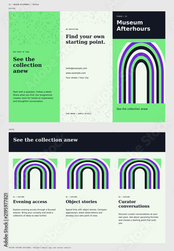 Museum Afterhours tri fold brochure with museum portals and terrazzo chips vector textures featuring outside and inside layouts with editable sample text