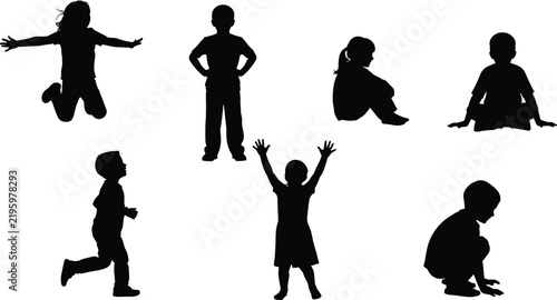 Children silhouette vector set, kids playing, jumping, sitting, running, standing, childhood activity, black shape design, family illustration art