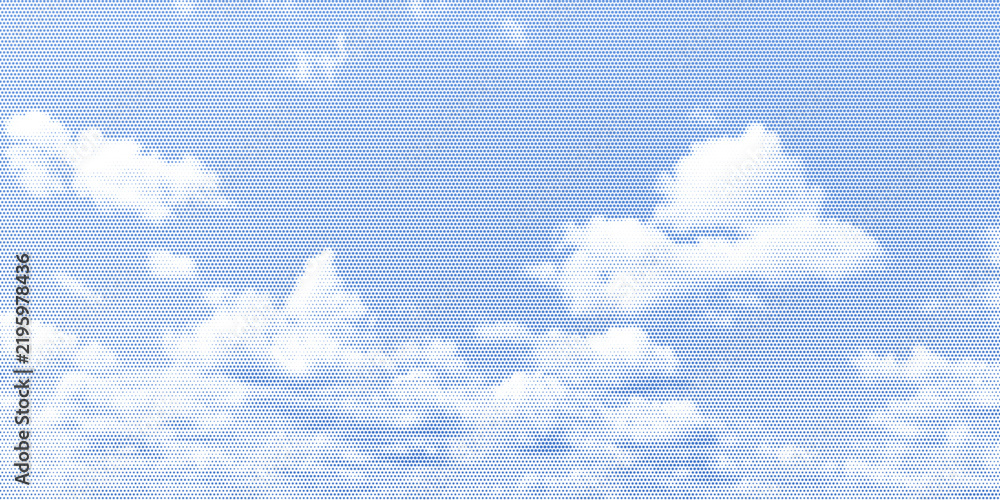 Obraz premium Blue and white halftone sky clouds creates a retro pop art vector illustration background. Dotted texture adds vintage comic book style with flowing cloud pattern perfect for modern design background.