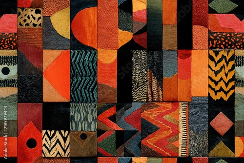Seamless ethnic pattern with bold geometric shapes in warm earth tones, intricate linework and repetitive diamond zigzag motifs, hand-drawn tribal style