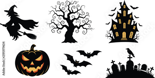 Halloween spooky silhouette collection with witch, haunted house, bats, pumpkin, graveyard, scary tree, horror night vector illustration design
