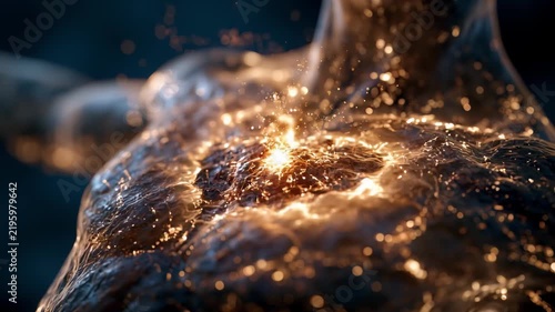 Intense energy particles glowing and pulsing from within the chest of a dark, rock like humanoid form, suggesting concepts of artificial intelligence, inner power, or supernatural creation