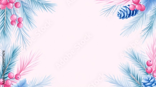 Soft pastel holiday background with blue pine branches, pink berries and pinecones arranged in corner frame, minimal elegant style for seasonal branding