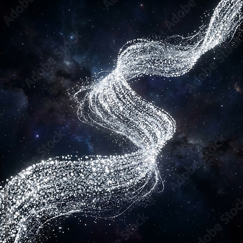 A graceful curve of glowing white light particles and sparkling dust trails moving through a deep dark cosmic space with starry nebula