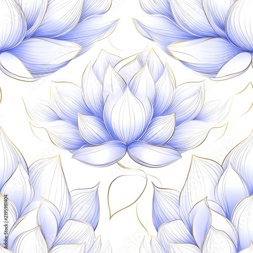 Blue lotus flowers with gold outlines in seamless pattern, smooth shapes and precise repeat on white background