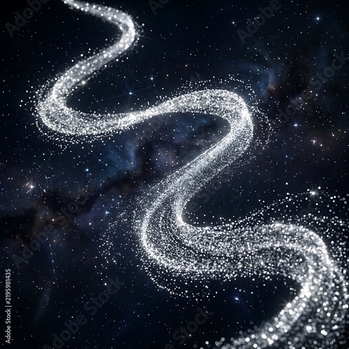 A winding trail of sparkling white light particles flowing through a dark starry galaxy background, with ethereal glowing, dust and nebula