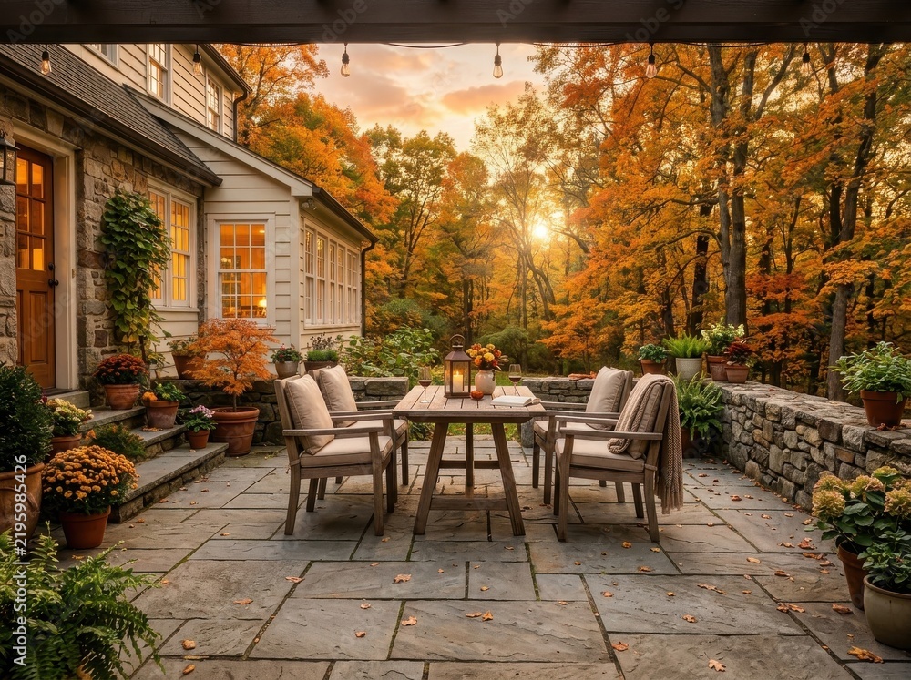 Obraz premium Cozy autumn patio with warm lighting , Fall And Autumn Season, Halloween, Thanksgiving