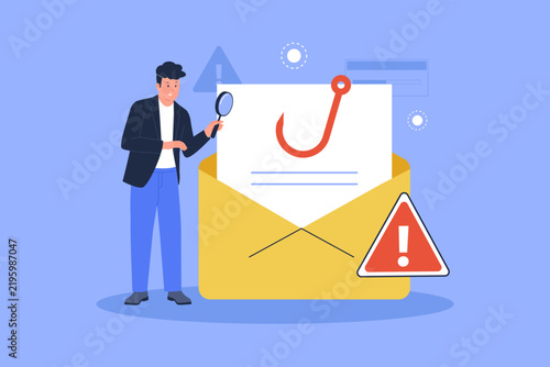 Vector of Phishing Detection Email Threat Security Isolated Illustration. Flat vector of a man using a magnifying glass to detect a phishing hook scam inside a malicious envelope