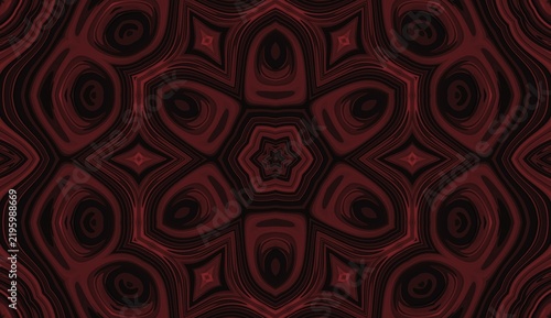 Deep maroon and black abstract kaleidoscope pattern with symmetrical liquid swirl texture and ornamental dark background