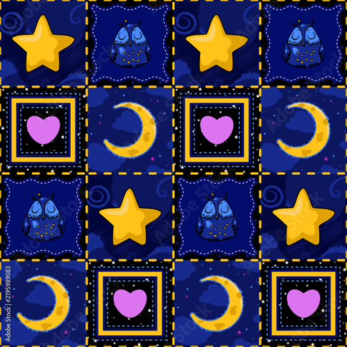 night kid pattern, patchwork, blanket, sheet, bed linen, dark, star, moon, an owl, heart, sleep