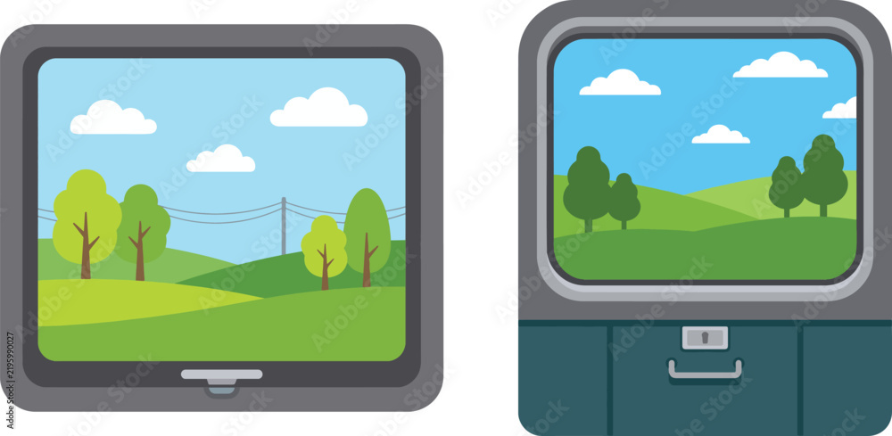 Obraz premium Window view of green landscape with trees and clouds in flat vector illustration style