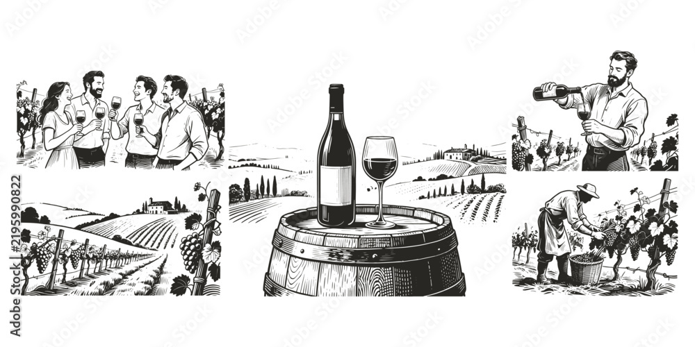 Naklejka premium Monochrome engraved vineyard collage with wine bottle, glass, growers, and friends on white, celebrating wine culture, harvest