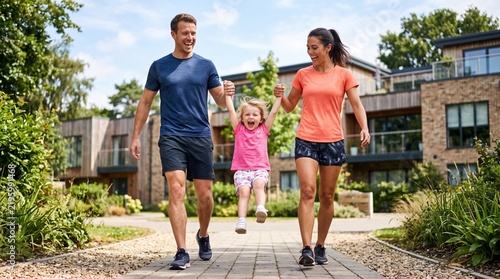 Smiling parents walk on a paved path, each holding a small girl’s hand as she swings between them. Modern residential buildings and greenery line the walkway