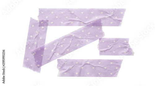 Four pieces of purple washi tape with white heart patterns isolated on transparent background