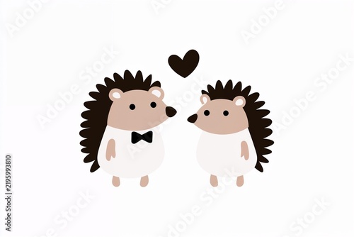 Two cartoon hedgehogs sweetly facing each other beneath a heart on a white background with copy space