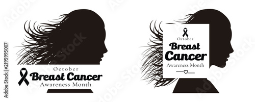 Breast Cancer Awareness Month October Design, Woman Silhouette With Flowing Hair And Black Ribbon Symbol, Healthcare Campaign Graphic On White Background