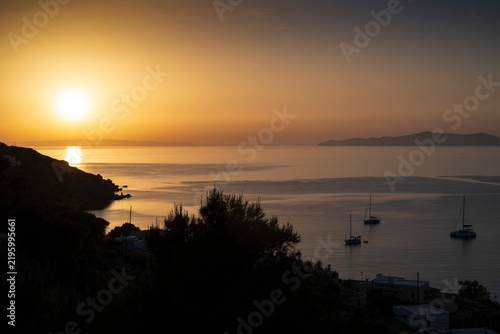 Golden Sunset over the Aegean Sea with Sailing Boats, Syros, Greece