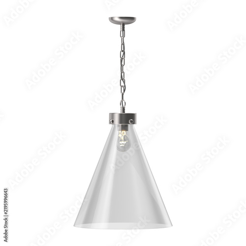 Modern glass pendant light fixture with a metallic chain suspension isolated on white background