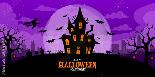 Halloween background with castle for holiday poster, flyer, postcard. Mystical background with cross, grave.