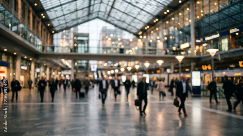 Blurred commuters walking through large modern train station hall with bright glass roof in soft light