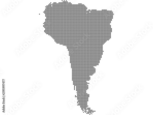 Dotted map silhouette of the continent of south america, showing its political territory