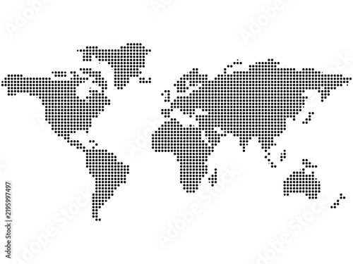 Dotted world map with black circles representing global geography and connection, ideal for business